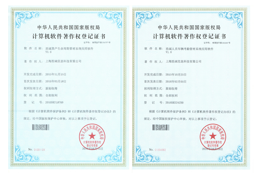 上海浩斌軟件著作權證書 上海浩斌軟件著作權證書